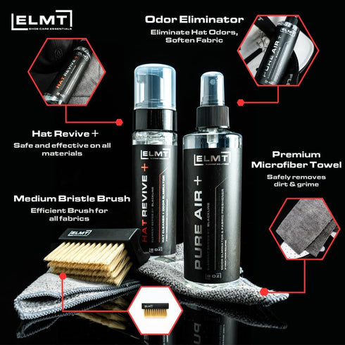ELMT Hat Cleaning Kit — US-Made, Quick-drying, Cleans 50+ Hats — 8oz Solution, Deodorizer, Towel & Brush for All