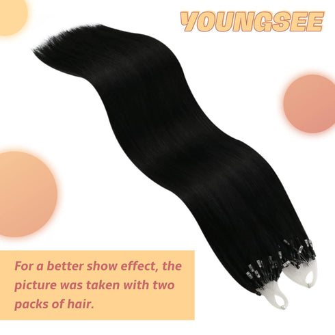 YoungSee Micro Bead Hair Extensions, Real Human Hair Black Microlink Extensions, Jet Black Micro Ring, 16 Inch, 50s/50g