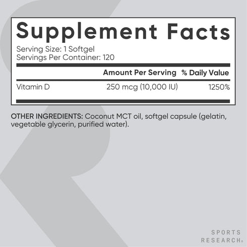 Sports Research 10,000 iu Vitamin D3 Supplement with Organic Coconut Oil - Non-GMO, 250mcg, 120 Mini Softgels