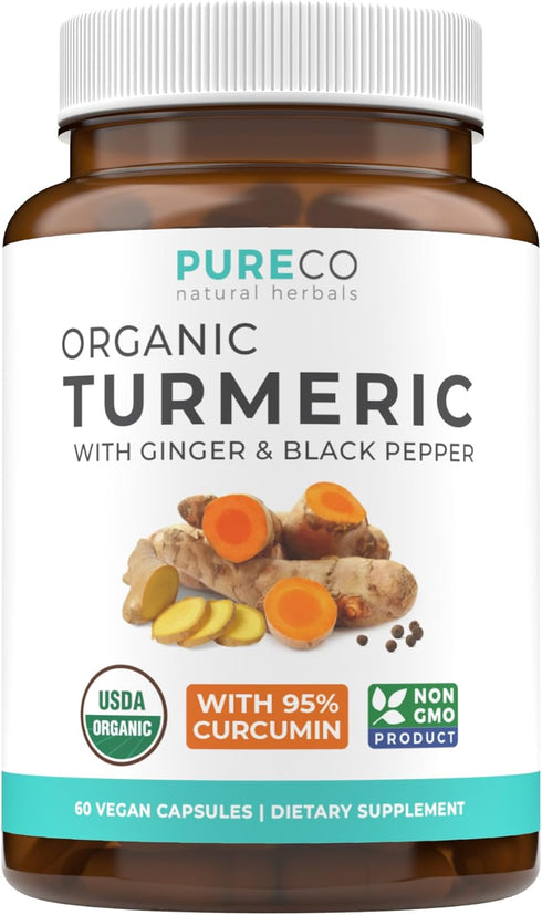 USDA Organic Turmeric Curcumin with Black Pepper and Ginger, 60 Vegan Capsules, Joint Support Supplement (2 Month