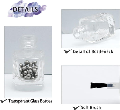 6PCS Empty Nail Polish Bottles with Funnel, Glass Rectangle with Brush & Mixing Balls (10ML, Black)