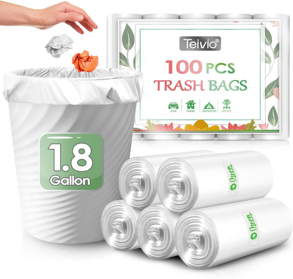Teivio 1.8 Gallon 100 Counts Strong Trash Bags, Clear Garbage Bags for Bathroom Kitchen Office