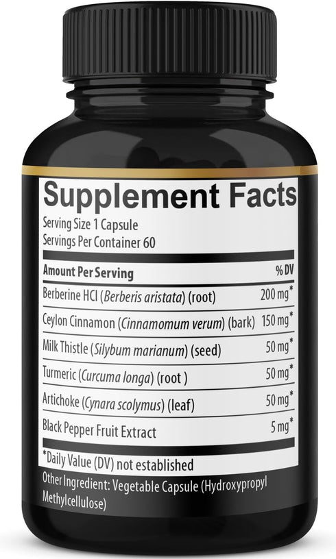 Berberine Supplement with Ceylon Cinnamon, Turmeric, Artichoke, Milk Thistle - Berberine HCl Supplement Pills - 60