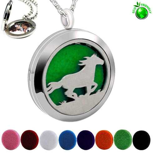 Essential Oil Diffuser Necklace, Stainless Steel Aromatherapy Horse Locket Pendant with 24" Chain & 8 Pads, Gift