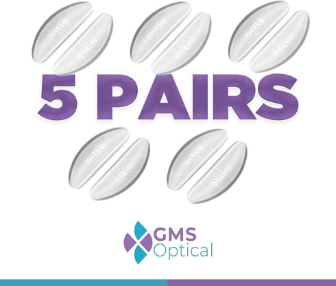 GMS Optical Anti-Slip Adhesive Contoured Silicone Eyeglass Nose Pads, 1.3mm Ultra-Thin, 5 Pair (Clear)