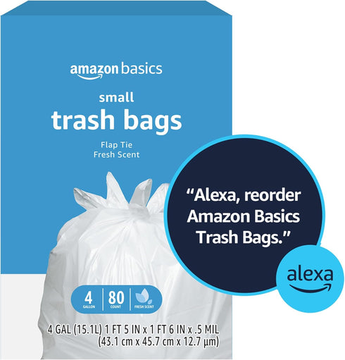 Amazon Basics 4 Gallon Trash Bags, Flap Ties, Fresh Scent, 80 Count, Pack of 1