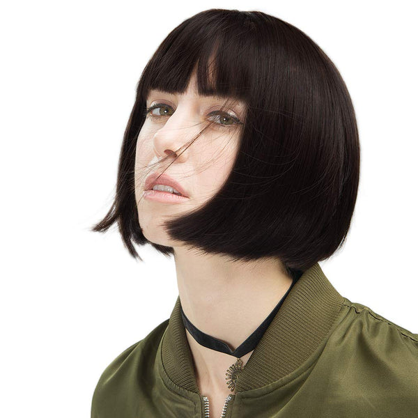 REECHO 11" Short Bob Wig with Bangs, Synthetic Hair for Women, Color: Black Brown