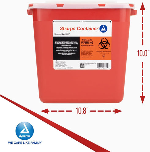 Dynarex Sharps Container, Safe Disposal of Medical Waste and Needles, 2 Gallons, Red with Transparent Lid