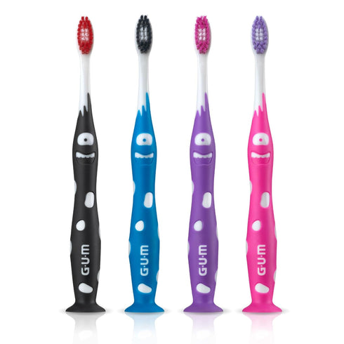 GUM Monsterz Jr Kids’ Toothbrush, Soft Bristled with Suction Cup, For Ages 5+, 2ct