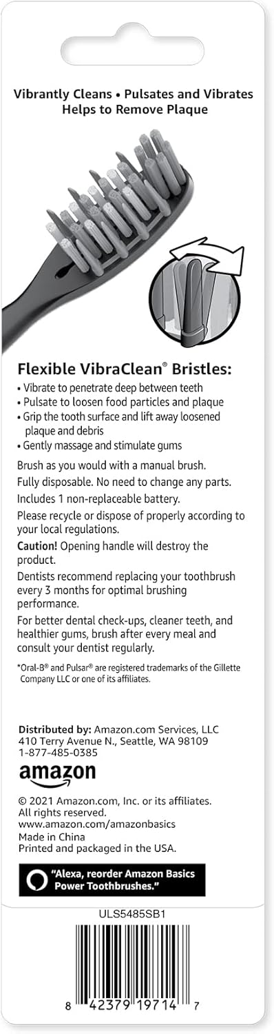 Amazon Basics Pulsating Deep Cleaning Toothbrushes with Soft Bristles, 2 Count, Assorted Colors