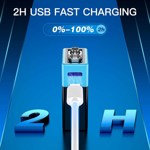 Kratax USB Rechargeable 9V Lithium Batteries (2 Pack) - 760mA / 6840mWh with Quick Charge Cable