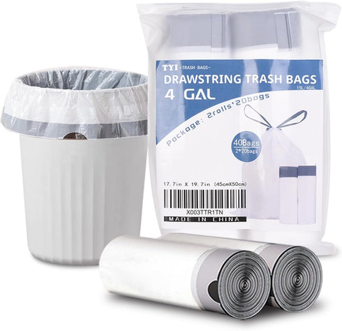 4 Gallon Trash Bags, 40 Count, Drawstring Garbage Bags for Bathroom Bedroom Office Trash Can