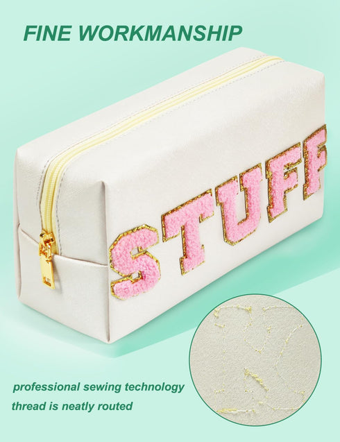 Preppy Makeup Bag, Cream Synthetic Leather Patch Cosmetic Bag with STUFF Chenille Letter, Gift for Girlfriend, Wife,