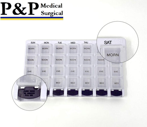Weekly AM/PM Pill Box Organizer by P&P MEDICAL SURGICAL, Portable Travel Prescription & Medication Case (7-Day /
