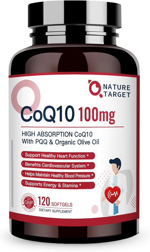 NATURE TARGET CoQ10-100mg-Softgels with 10mg PQQ - High Absorption Coenzyme-Q10 for Heart & Brain Health, 120 Servings