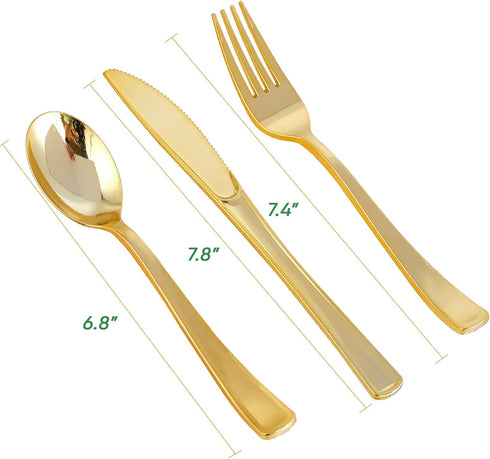 FOCUSLINE 75 Pack Gold Plastic Silverware Set - 25 Forks, 25 Knives, 25 Spoons - Heavy Duty Disposable Cutlery