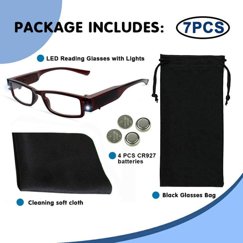 LED Reading Glasses with Lights, Lighted Magnifier Nighttime Reader, Compact Full Frame Eyewear, Unisex Clear Vision