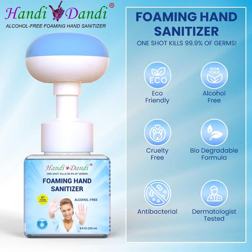 HANDI DANDI 99.9% MOISTURIZNG ALCOHOL-FREE FOAMING HAND SANITIZER w/FLOWER PUMP TOP, Kills Of Germs On Hands, Made