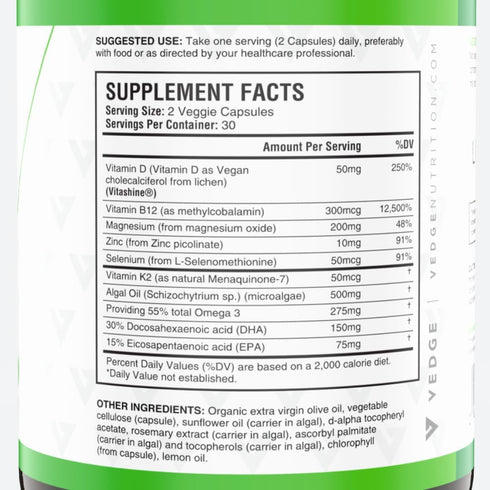 vedge Vegan Omega 3 Daily Multivitamin with Vitamin D, B12, Algal Oil for Vegan EPA & DHA - 30 Day Supply