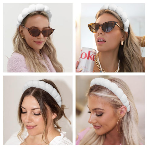 Spa Headbands for Washing Face or Makeup, Puffy Terry Cloth Hairband for Women, Skin Care Accessories (White)