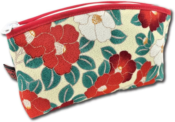 Terra Distribution Small Makeup Bag for Purse - Traditional Edo Komon Design Cute Cosmetic Pouch (Camellia Flower,