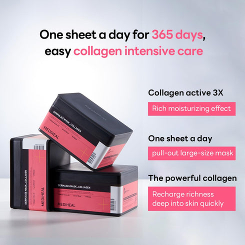 Mediheal Derma 365 Collagen Mask, 30 Masks - Daily Skin Care Mask for Firm Moisturizing with Collagen Active