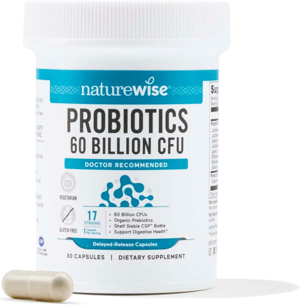 NatureWise Probiotics - 60 Billion CFU, 17 Strains + Organic Prebiotics, 30 Capsules for Immune & Digestive Health
