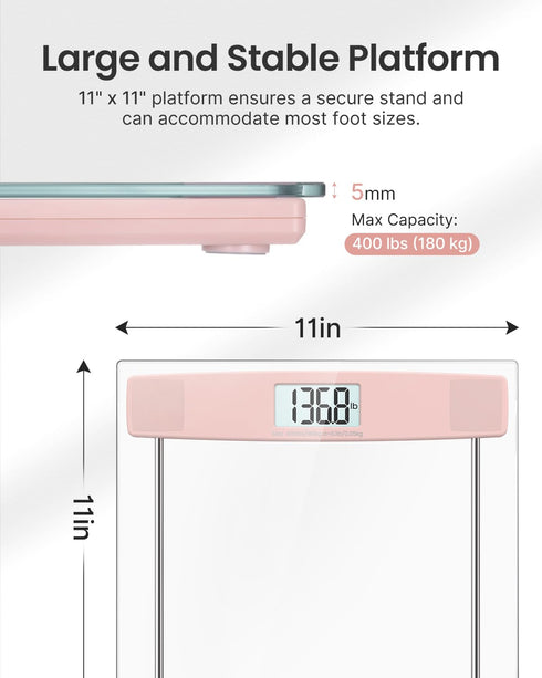 FITINDEX Digital Bathroom Scale for Body Weight, Highly Accurate, Large LCD Display, Slim Tempered Glass, 400 lbs, Pink