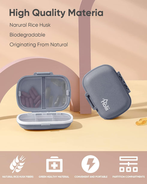 Holii Travel Pill Organizer - Gray Portable Pill Case with 8 Compartments for Daily Vitamins and Medicine