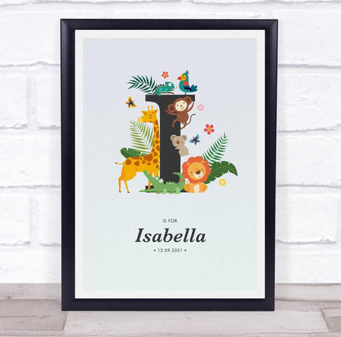 The Card Zoo Jungle Animals Initial I Baby Birth Details Nursery Christening Gift Print