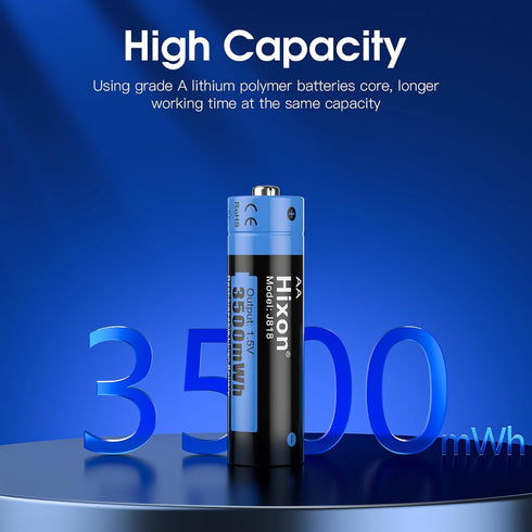 Hixon Rechargeable AA Batteries, 3500mWh (2330mAh), 1.5V Constant Output, 4 Counts Lithium AA Batteries