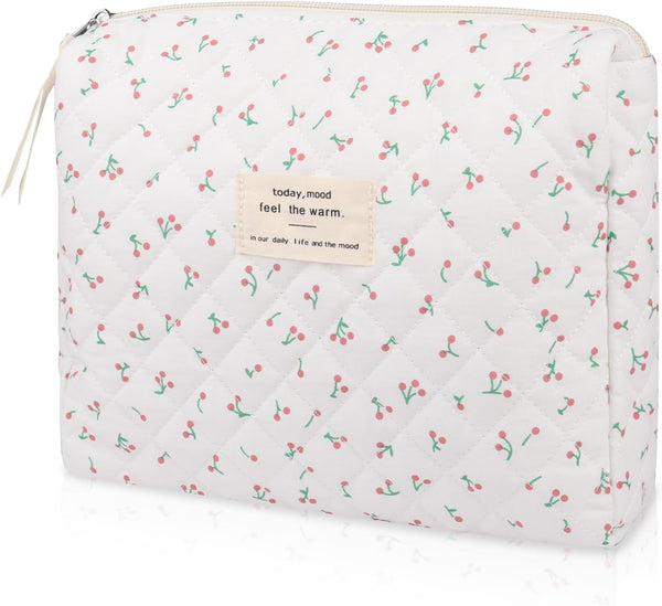 Makeup Bag Quilted Floral Cosmetic Bag for Women - Cute Cotton Travel Toiletry Organizer (White Cherry)