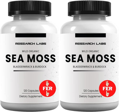 Research Labs 2 Fer 1 Ad Organic Irish Sea Moss Capsules, 240 Total Pills, Raw Wildcrafted Seamoss with Bladderwrack &