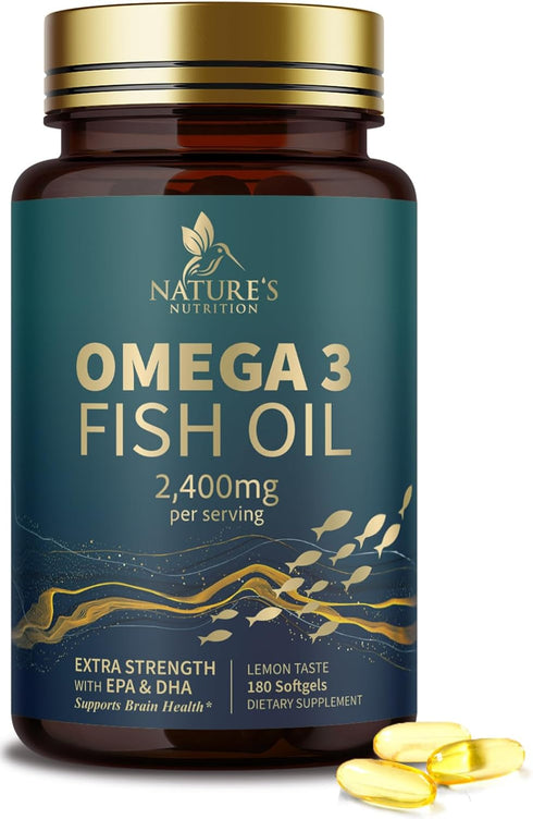 Triple Strength Omega 3 Fish Oil 2400mg - 180 Softgels, Brain & Heart Health Support, EPA & DHA