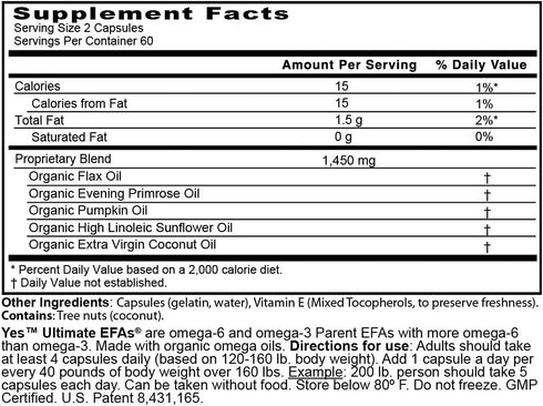 Omega 3 6 Parent EFA Fish Oil Alternative - Organic Plant Based, Vegetarian, 120 Soft Gels by YES Your Essential