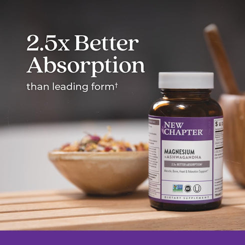 New Chapter Magnesium + Ashwagandha Supplement - 325 mg with Magnesium Glycinate for Muscle Recovery and Relaxation (90