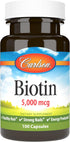 Carlson Biotin 5000 mcg for Healthy Hair, Strong Nails & Energy Production, 100 Capsules