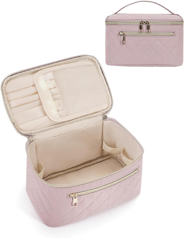 Makeup Bag, Travel Make Up Organizer, Cosmetic Brush Bags Case for Women in Quilted Fabric, Pink (Patent Pending)