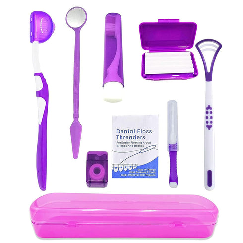 Portable Orthodontic Oral Care Kit for Braces, Dental Wax, Floss, Toothbrush Cleaning Kit, Purple