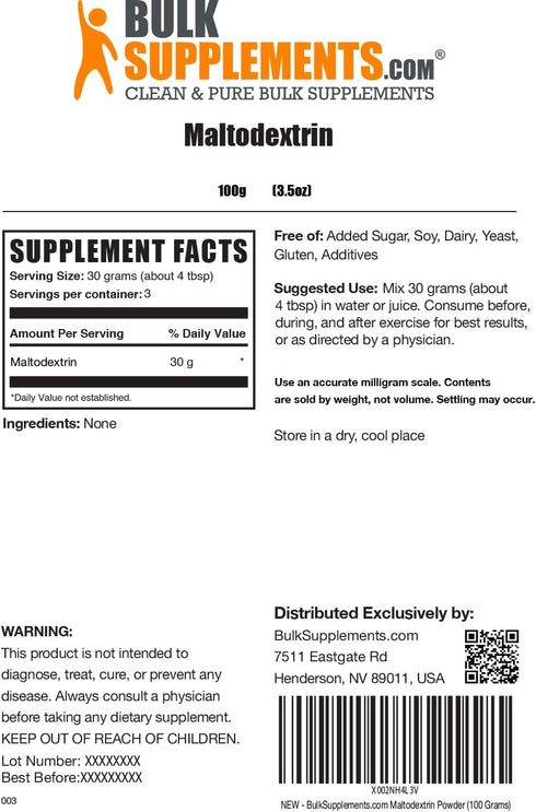 BulkSupplements.com Maltodextrin Powder - Unflavored & Gluten Free, 30g per Serving, 100g (3.5 oz)