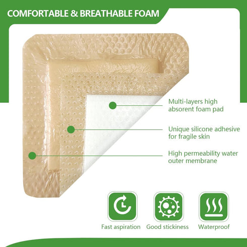 kastormed Silicone Adhesive Foam Dressing, 10 Pack 4''x4'' High Absorbency Bandage for Wound Care