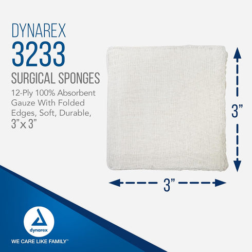 Dynarex Surgical Gauze Sponges, Absorbent Cotton Fabric, 3x3, 12-Ply, Sleeve of 200 Sponges