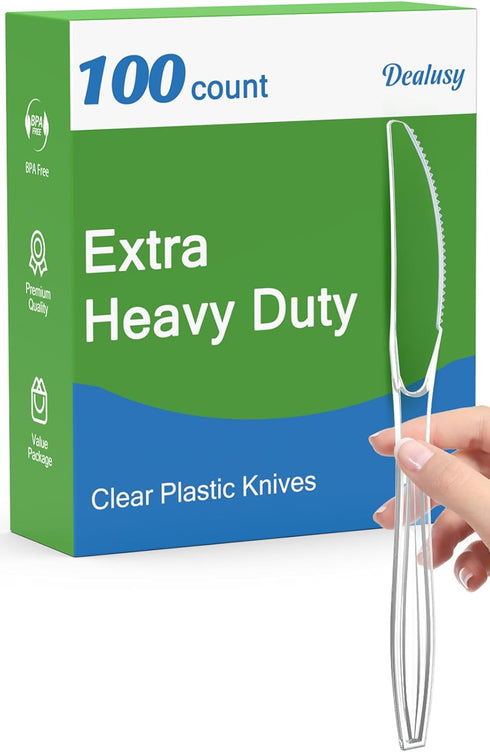 100 Count Extra Heavy Duty Clear Plastic Knives, BPA-Free, Durable Disposable Knives for Party Supply