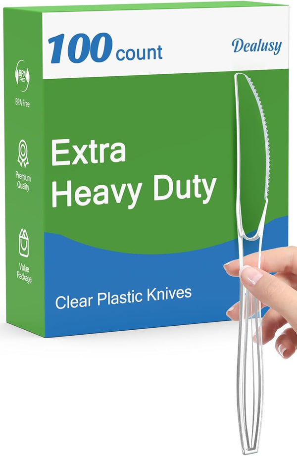 100 Count Extra Heavy Duty Clear Plastic Knives, BPA-Free, Durable Disposable Knives for Party Supply