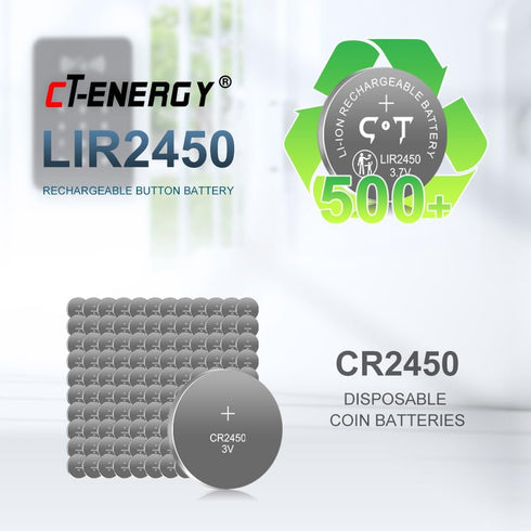 Rechargeable CR2450 Batteries 2 Pack High Capacity 3.7V Lir2450 Button Battery