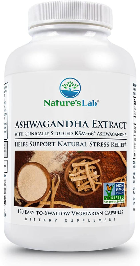 Nature's Lab Ashwagandha Extract - KSM 66 5% Withanolides - 120 Ct for Stress Support
