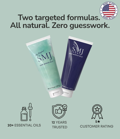 SMJ sport (8 Sore Muscle Jelly Sore Muscle Topical Relief Cream Ounce Original). Proprietary Blend of Essential Oils