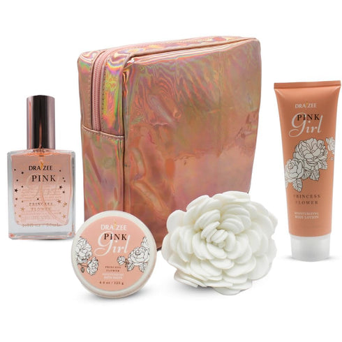 Spa Gift for Women - 4 Pcs Spa Basket for Women Princess Flower Scented Relaxation Set with Body Loation, Body Lotion, Body Spray, Bath Salts & Puff - Birthday, Self Care Gifts for Women by Draizee