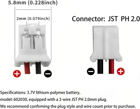 Lumaoer 602030 3.7V 300mAh PH2.0mm Headsets Headsets Rechargeable Battery with JST Connector for Wireless Dog Training