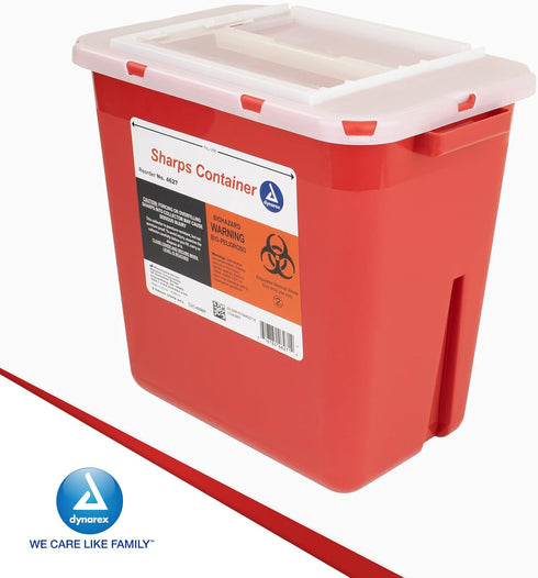 Dynarex Sharps Container, Safe Disposal of Medical Waste and Needles, 2 Gallons, Red with Transparent Lid